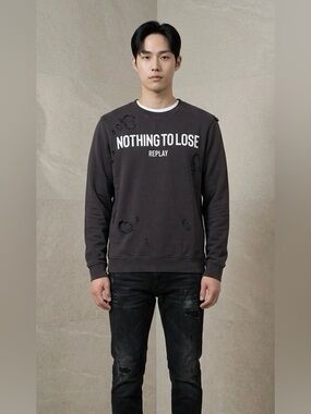 Replay Distressed Ribbed Patchwork Crewneck Sweatshirt Men’s Size M Black Gray